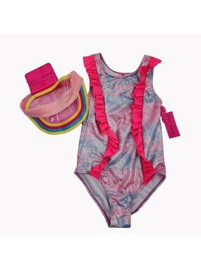 Betsey Johnson Girls Size 12 Swimsuit UPF 40 with Jelly Sun Visor New